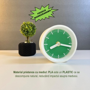 Ceas de birou - Mecanism SILENTIOS – DECORADI®, Eco-friendly, Design Modern, Colectie Kaleia, Alb / Verde, Diametru 11cm – Cadou sau Ceas de camera decorativ cu design modern, Printat 3D din PLA ECO (plastic biodegradabil) - Img 3