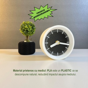 Ceas de birou - Mecanism SILENTIOS – DECORADI®, Eco-friendly, Design Modern, Colectie Kaleia, Alb /Negru, Diametru 11cm – Cadou sau Ceas de camera decorativ cu design modern, Printat 3D din PLA ECO (plastic biodegradabil) - Img 3