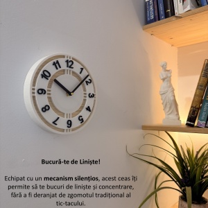 Ceas decorativ de perete, Mecanism SILENTIOS, DECORADI®, Diametru 21 cm, Afisare cu cifre arabe, Cadran din LEMN NATURAL, Eco-friendly, Design Modern, Alb, Printat 3D din PLA ECO(plastic biodegradabil) - Img 5
