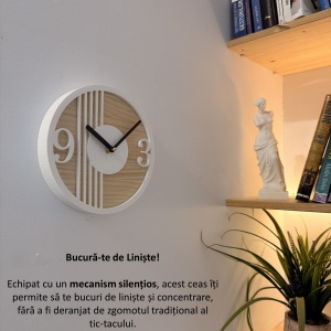 Ceas decorativ de perete, Mecanism SILENTIOS, DECORADI®, Diametru 21 cm, Cadran din LEMN NATURAL, Eco-friendly, Design Modern, Alb, Printat 3D din PLA ECO(plastic biodegradabil) - Img 5