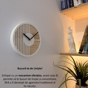 Ceas decorativ de perete, Mecanism SILENTIOS, DECORADI®, Diametru 21 cm, Cadran din LEMN NATURAL, Eco-friendly, Design Modern, Alb, Printat 3D din PLA ECO(plastic biodegradabil) - Img 5