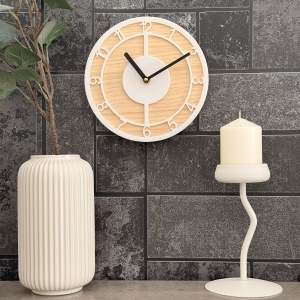 Ceas decorativ de perete, Mecanism SILENTIOS, DECORADI®, Diametru 21 cm, Afisare cu cifre arabe, Cadran din LEMN NATURAL, Eco-friendly, Alb, Design Modern, Negru, Printat 3D din PLA ECO(plastic biodegradabil) - Img 2