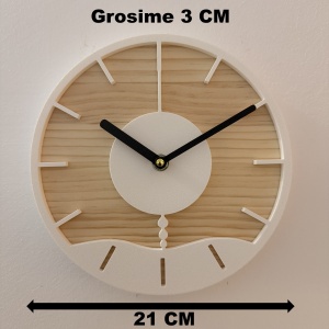 Ceas decorativ de perete, Mecanism SILENTIOS, DECORADI®, Diametru 21 cm, Cadran din LEMN NATURAL, Eco-friendly, Design Modern, Alb, Printat 3D din PLA ECO(plastic biodegradabil) - Img 2