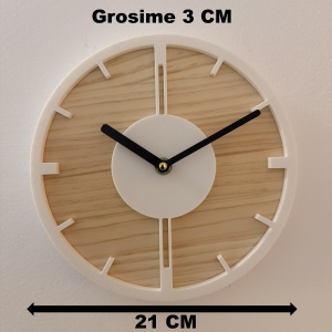 Ceas decorativ de perete, Mecanism SILENTIOS, DECORADI®, Diametru 21 cm ,Cadran din LEMN NATURAL, Eco-friendly, Design Modern, Alb, Printat 3D din PLA ECO(plastic biodegradabil) - Img 2