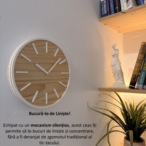 Ceas decorativ de perete, Mecanism SILENTIOS, DECORADI®, Diametru 26 cm, Cadran din LEMN NATURAL, Eco-friendly, Design Modern, Alb, Printat 3D din PLA ECO(plastic biodegradabil) - Img 5