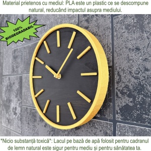 Ceas decorativ de perete, Mecanism SILENTIOS, DECORADI®, Diametru 26 cm, Cadran din LEMN NATURAL, Eco-friendly, Design Modern, Auriu, Printat 3D din PLA ECO(plastic biodegradabil) - Img 5