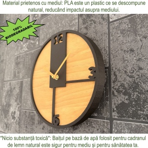 Ceas decorativ de perete, Mecanism SILENTIOS, DECORADI®, Diametru 26 cm, Cadran din LEMN NATURAL, Eco-friendly, Design Modern, Negru, Printat 3D din PLA ECO(plastic biodegradabil) - Img 5