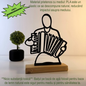 Decoratiune Casa, Acordeonist, DECORADI®, Eco-friendly, Baza din Lemn Natural, Cadoul pentru Lautari, Negru, 19 cm – Decoratiune de interior cu Design Modern, Printat 3D din PLA Eco (plastic biodegradabil) - Img 3