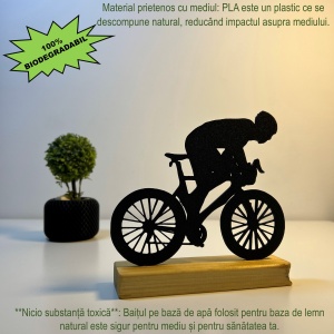 Decoratiune Casa, Biciclist – DECORADI®, Eco-friendly, Baza din Lemn Natural, Design Modern, Negru 14.5cm – Cadou sau Decoratiune de interior ideala pentru ciclisti, Printat 3D din PLA Eco(plastic biodegradabil) - Img 3