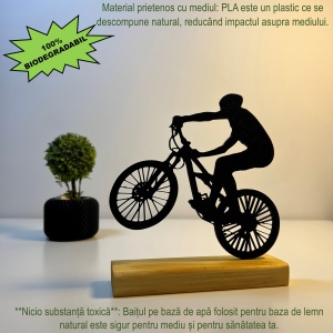Decoratiune Casa, Biciclist – DECORADI®, Eco-friendly, Baza din Lemn Natural, Design Modern, Negru 15cm – Cadou sau Decoratiune de interior ideala pentru ciclisti, Printat 3D din PLA Eco (plastic biodegradabil) - Img 3