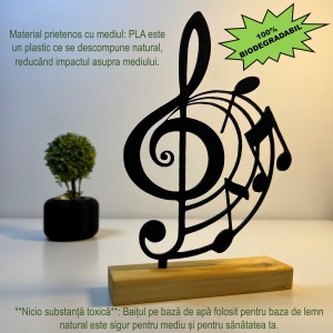 Decoratiune Casa, Cheia Sol & Portativ – DECORADI®, Eco-friendly, Baza din Lemn Natural, Design Modern, Negru 21.5cm – Cadou sau decoratiune de interior ideala pentru iubitorii de muzica, Printat 3D din PLA Eco (plastic biodegradabil) - Img 3