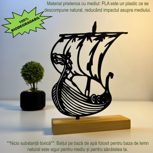 Decoratiune Casa, Corabie – DECORADI®, Eco-friendly, Baza din Lemn Natural, Design Modern, Negru 20cm – Cadou sau Decoratiune de interior ideala pentru iubitorii de calatorii, Printat 3D din PLA Eco(plastic biodegradabil) - Img 3