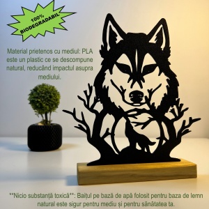 Decoratiune Casa, Lup – DECORADI®, Eco-friendly, Baza din Lemn Natural, Design Modern, Negru 21.5cm – Cadou sau Decoratiune de interior ideala pentru iubitorii de animale, Printat 3D din PLA ECO (plastic biodegradabil) - Img 3