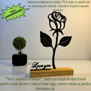 Decoratiune Casa, Trandafir LOVE YOU – DECORADI®, Eco-friendly, Baza din Lemn Natural, Cadoul Perfect pentru persoana IUBITA, Negru 22cm – Decoratiune de interior cu Design Modern, Printat 3D din PLA Eco (plastic biodegradabil) - Img 3