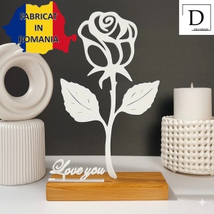 Decoratiune Casa, Trandafir LOVE YOU – DECORADI®, Eco-friendly, Baza din Lemn Natural, Cadoul Perfect pentru persoana IUBITA, Alb 22cm –Decoratiune de interior cu Design Modern, Printat 3D din PLA Eco (plastic biodegradabil) - Img 2