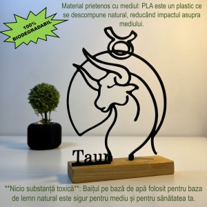 Decoratiune Casa, zodia TAUR – DECORADI®, Eco-friendly, Baza din Lemn Natural, Design Abstract, Negru 19.5 cm – Cadou sau Decoratiune de interior cu design modern, Printat 3D din PLA Eco (plastic biodegradabil) - Img 3
