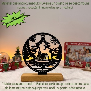 Decorațiune Crăciun, Glob cu Peisaj de Iarnă și Biserică– Eco-friendly, Baza din Lemn Natural, Negru 17cm, Handmade, Decor Interior Birou, Sufragerie, Cadou Crăciun, Printat 3D din PLA Eco (plastic biodegradabil), DECORADI® - Img 4