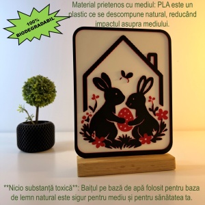 Decoratiune de Paste, Casuta Iepurasi, Eco-friendly, Baza din Lemn Natural, Multicolor, 21 cm, Handmade, Decor Interior Birou, Sufragerie, Cadou Paste, Printat 3D din PLA Eco (plastic biodegradabil), DECORADI® - Img 3