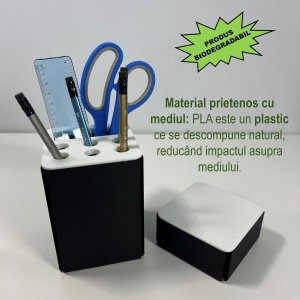 Set organizator de birou multifunctional, Suport 6 instrumente de scris si accesorii (12 X 9 X 9 CM) + Cutiuta suplimentara cu capac (4 X 9 X 9 CM), Alb/Negru, imprimat 3D din PLA (Bioplastic) - Img 3