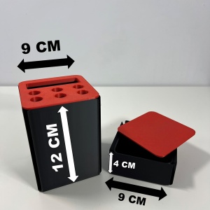 Set organizator de birou multifunctional, Suport 6 instrumente de scris si accesorii (12 X 9 X 9 CM) + Cutiuta suplimentara cu capac (4 X 9 X 9 CM), Rosu/Negru, imprimat 3D din PLA (Bioplastic) - Img 5