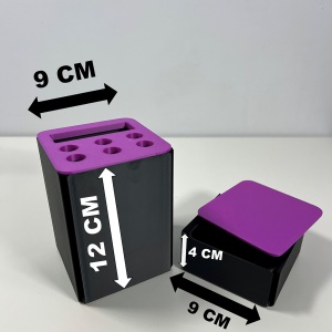 Set organizator de birou multifunctional, Suport 6 instrumente de scris si accesorii (12 X 9 X 9 CM) + Cutiuta suplimentara cu capac (4 X 9 X 9 CM), Mov/Negru, imprimat 3D din PLA (Bioplastic) - Img 5