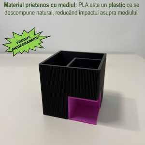Suport articole birou 2 in 1, Multifunctional, Suport instrumente de scris si accesorii + compartiment inferior fix, Mov/Negru, 8 CM, imprimat 3D din PLA (Bioplastic) - Img 3