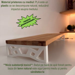 Suport monitor, 60 X 20 X 8 CM, Picioare printate 3D din PLA (Bioplastic), Alb, Panou din lemn natural (Fag) - Img 3