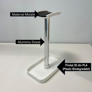 Suport pentru casti de birou cu tavita, Alb, Aluminiu eloxat, imprimat 3D din PLA (Bioplastic), Material moale - Img 3