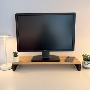 Suport pentru monitor, 60 X 20 X 8 CM, Picioare printate 3D din PLA (Bioplastic), Negru, Panou din lemn natural (Fag) - Img 1