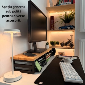 Suport pentru monitor, polita suplimentara, 60 X 20 X 12 CM, Picioare printate 3D din PLA (Bioplastic), Negru, Panou din lemn natural (Fag) - Img 4