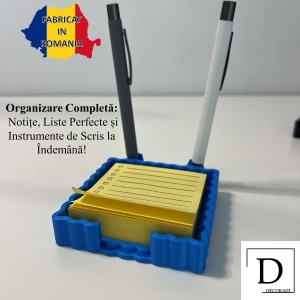 Suport pentru notite de birou cu spatiu dedicat pentru pixuri + sablon pentru liste personalizate, Albastru,9.5 cm, imprimat 3D din PLA (Bioplastic) - Img 2