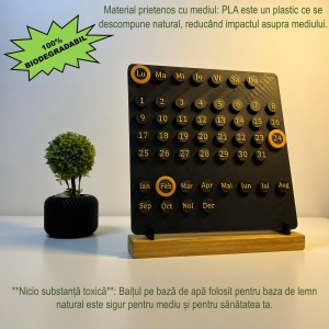 Calendar decorativ birou – Perpetuu, DECORADI®, Eco-friendly, Baza din Lemn Natural, Design Abstract, negru / auriu, 23cm – Cadou sau Decoratiune de interior cu design modern, Printat 3D din PLA ECO (plastic biodegradabil) - Img 2