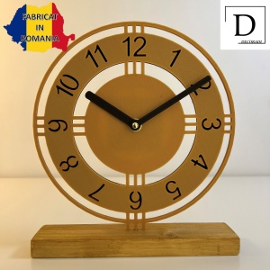 Ceas de birou - Mecanism SILENTIOS – DECORADI®, Eco-friendly, Baza din Lemn Natural, Afisare cu cifre arabe, Design Abstract, Auriu 22.5cm – Cadou sau Ceas de camera decorativ cu design modern, Printat 3D din PLA ECO (plastic biodegradabil) - Img 2