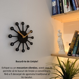 Ceas de perete - Mecanism SILENTIOS – DECORADI®, Eco-friendly, Design Abstract, Negru 20 cm – Cadou sau Ceas de camera decorativ cu design modern, Printat 3D din PLA Eco (plastic biodegradabil) - Img 3