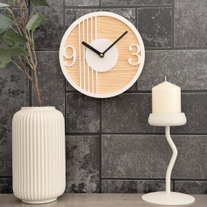 Ceas decorativ de perete, Mecanism SILENTIOS, DECORADI®, Diametru 21 cm, Cadran din LEMN NATURAL, Eco-friendly, Design Modern, Alb, Printat 3D din PLA ECO(plastic biodegradabil) - Img 2
