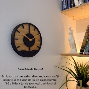 Ceas decorativ de perete, Mecanism SILENTIOS, DECORADI®, Diametru 21 cm, Cadran din LEMN NATURAL, Eco-friendly, Design Modern, Negru, Printat 3D din PLA ECO(plastic biodegradabil) - Img 4