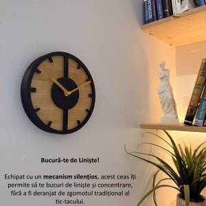Ceas decorativ de perete, Mecanism SILENTIOS, DECORADI®, Diametru 21 cm, Cadran din LEMN NATURAL, Eco-friendly, Design Modern, Negru, Printat 3D din PLA ECO(plastic biodegradabil) - Img 4