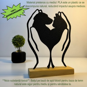 Decoratiune Casa, Caine si Pisica tinute in palme – DECORADI®, Eco-friendly, Baza din Lemn Natural, Design Modern, Negru 20cm – Cadou sau Decoratiune de interior ideala pentru iubitorii de animale, Printat 3D din PLA (plastic biodegradabil) - Img 3