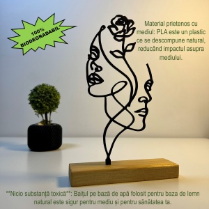 Decoratiune Casa, Chipuri feminine si trandafir – DECORADI®, Eco-friendly, Baza din Lemn Natural, Design Abstract, Negru 21.5cm – Cadou sau Decoratiune de interior cu design modern, Printat 3D din PLA ECO (plastic biodegradabil) - Img 3