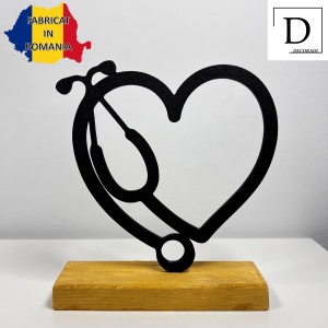 Decoratiune Casa, Stetoscop – DECORADI®, Eco-friendly, Baza din Lemn Natural, Design Modern, Negru 16.5cm – Cadou sau Decoratiune de interior ideala pentru cadrele medicale, Printat 3D din PLA ECO(plastic biodegradabil) - Img 2