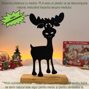 Decorațiune Crăciun, Ren – Eco-friendly, Baza din Lemn Natural, Negru, 21.5cm, Handmade, Decor Interior Birou, Sufragerie, Cadou Crăciun, Printat 3D din PLA Eco (plastic biodegradabil), DECORADI® - Img 4
