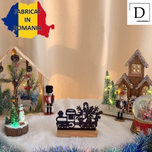 Decorațiune Crăciun, Trenuleț cu Cadouri– Eco-friendly, Baza din Lemn Natural, Negru, 12cm, Handmade, Decor Interior Birou, Sufragerie, Cadou Crăciun, Printat 3D din PLA Eco (plastic biodegradabil), DECORADI® - Img 3