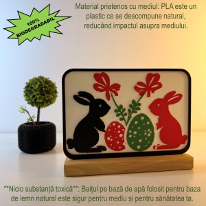 Decoratiune de Paste cu Iepurasi, Eco-friendly, Baza din Lemn Natural, Multicolor, 15 cm, Handmade, Decor Interior Birou, Sufragerie, Cadou Paste, Printat 3D din PLA Eco (plastic biodegradabil), DECORADI® - Img 3