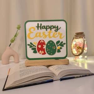 Decoratiune Happy Easter, Eco-friendly, Baza din Lemn Natural, Multicolor, 17 cm, Handmade, Decor Interior Birou, Sufragerie, Cadou Paste, Printat 3D din PLA Eco (plastic biodegradabil), DECORADI®