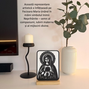 Decoratiune religioasa Fecioara Maria – DECORADI®, Eco-friendly, Baza din Lemn Natural, Design Modern, Alb / Negru 20 cm – Cadou sau Decoratiune de interior spirituala si minimalista, Printat 3D din PLA Eco (plastic biodegradabil) - Img 4