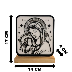 Decoratiune religioasa Fecioara Maria cu Pruncul – DECORADI®, Eco-friendly, Baza din Lemn Natural, Design Modern, Alb / Negru 17 cm – Cadou sau Decoratiune de interior spirituala si minimalista, Printat 3D din PLA Eco (plastic biodegradabil) - Img 6