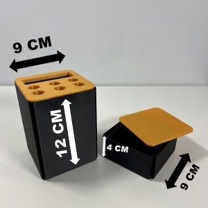 Set organizator de birou multifunctional, Suport 6 instrumente de scris si accesorii (12 X 9 X 9 CM) + Cutiuta suplimentara cu capac (4 X 9 X 9 CM), Auriu/Negru, imprimat 3D din PLA (Bioplastic) - Img 5