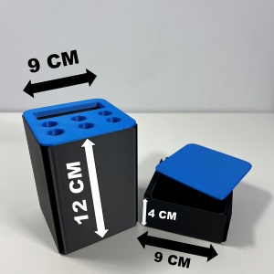 Set organizator de birou multifunctional, Suport 6 instrumente de scris si accesorii (12 X 9 X 9 CM) + Cutiuta suplimentara cu capac (4 X 9 X 9 CM), Albastru/Negru, imprimat 3D din PLA (Bioplastic) - Img 5