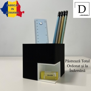 Suport articole birou 2 in 1, Multifunctional, Suport instrumente de scris si accesorii + compartiment inferior fix, Alb/Negru, 8 CM, imprimat 3D din PLA (Bioplastic) - Img 2