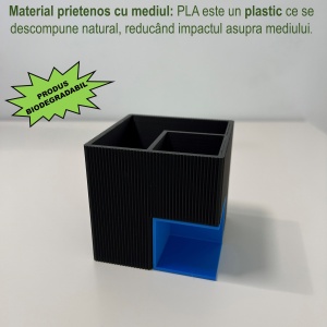Suport articole birou 2 in 1, Multifunctional, Suport instrumente de scris si accesorii + compartiment inferior fix, Albastru/Negru, 8 CM, imprimat 3D din PLA (Bioplastic) - Img 3